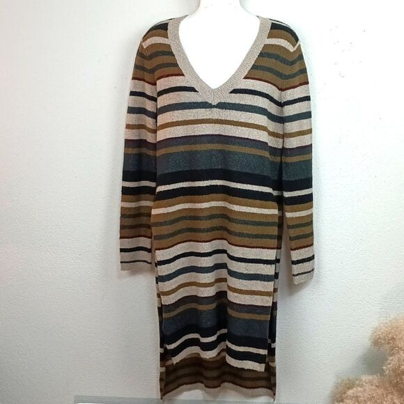 RUE 21 Women's Earth tones V neck long-sleeve stripped tunic sweater sz XL Y2k - Picture 1 of 10